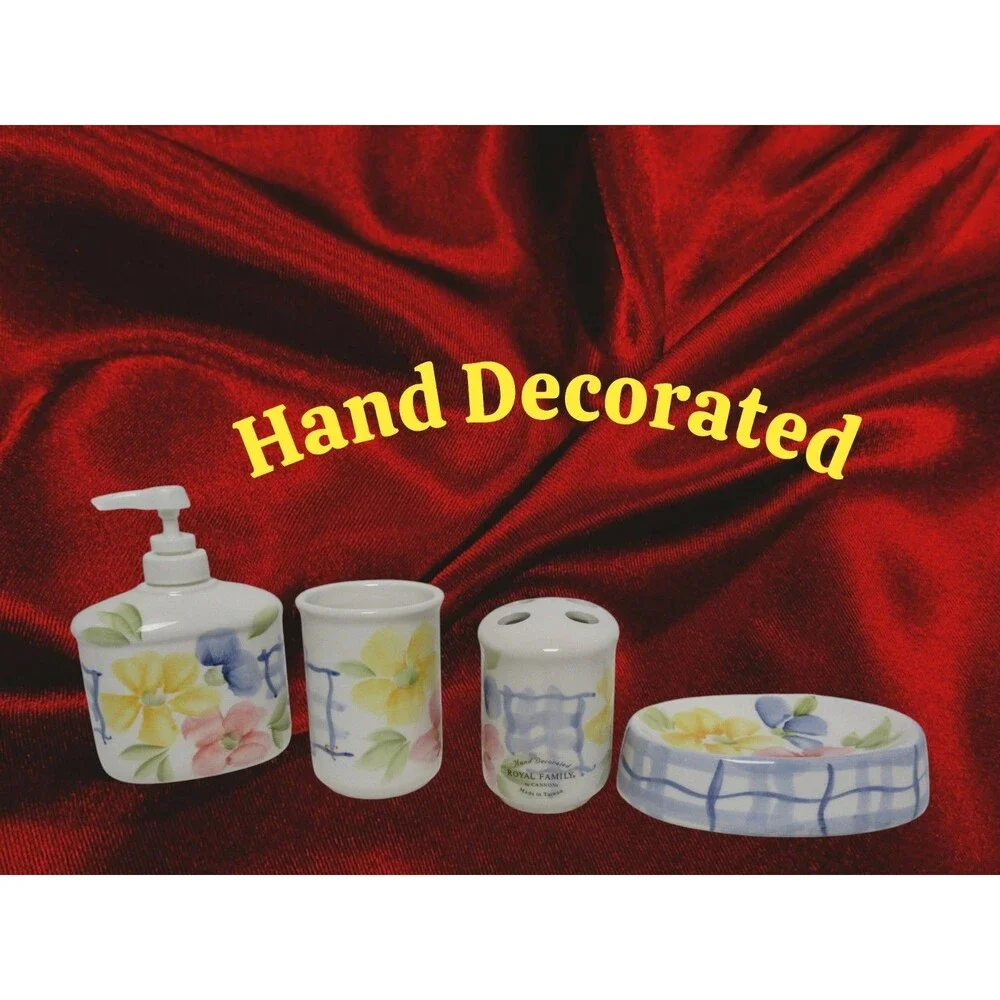 4 pc  Hand Decorated Soap Dispenser Toothbrush holder cup & Soap Dish  Taiwan